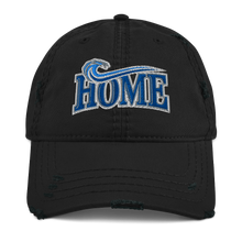 A black distressed baseball cap featuring a blue and white embroidered 'HOME'  with a wave design on the front