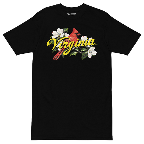 A black short-sleeve crewneck t-shirt featuring a graphic print of a red cardinal, white flowers, and the word 'Virginia' in yellow script across the chest.
