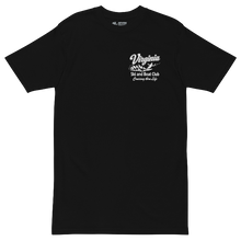 A black short-sleeve crewneck t-shirt with a white graphic print on the left chest reading 'Virginia Ski and Boat Club Creating More Life' with a small water skier design