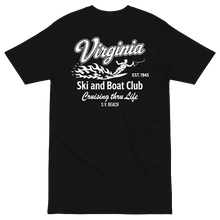 A black short-sleeve crewneck t-shirt with a white graphic print on the left chest reading 'Virginia Ski and Boat Club Creating More Life' with a small water skier design