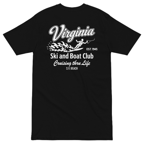 A black short-sleeve crewneck t-shirt with a white graphic print on the left chest reading 'Virginia Ski and Boat Club Creating More Life' with a small water skier design