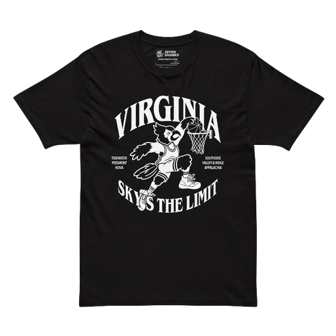 A black t-shirt with "Virginia" arched across the top, a Cardinal basketball player and "Skys the Limit" arched underneath in white ink.