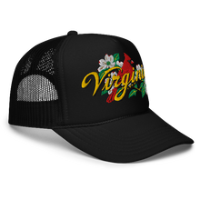 A black trucker-style cap with a curved brim, featuring an embroidered front graphic of a red cardinal, white dogwood flowers, green leaves, and the word 'Virginia' in yellow script