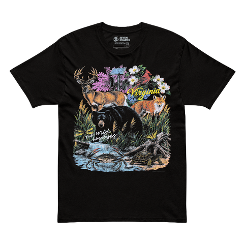 A black short-sleeve graphic t-shirt featuring a detailed wildlife illustration on the front with a deer, fox, bear, bluebird, flowers, and a crab, along with the text 'Virginia'