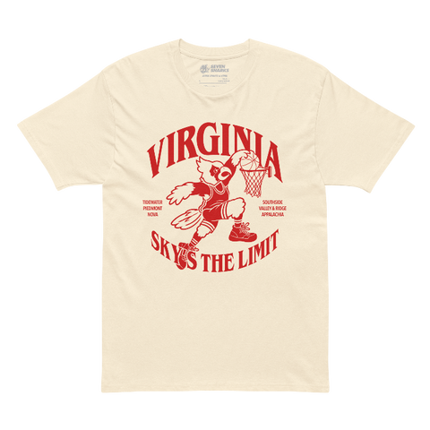 A cream t-shirt with "Virginia" arched across the top, a Cardinal basketball player and "Skys the Limit" arched underneath in dark red ink.
