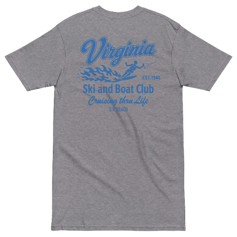 A heather gray short-sleeve t-shirt with a blue graphic on the left chest reading 'Virginia Ski and Boat Club'