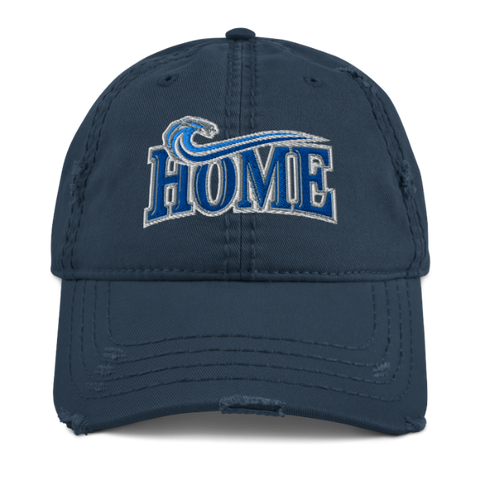 A navy blue distressed baseball cap featuring an embroidered 'HOME' design with a blue and white wave graphic on the front