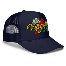 A navy trucker-style cap with a curved brim, featuring an embroidered front graphic of a red cardinal, white dogwood flowers, green leaves, and the word 'Virginia' in yellow script
