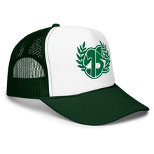 A dark green and white trucker hat featuring a green logo embroidered on the front panel