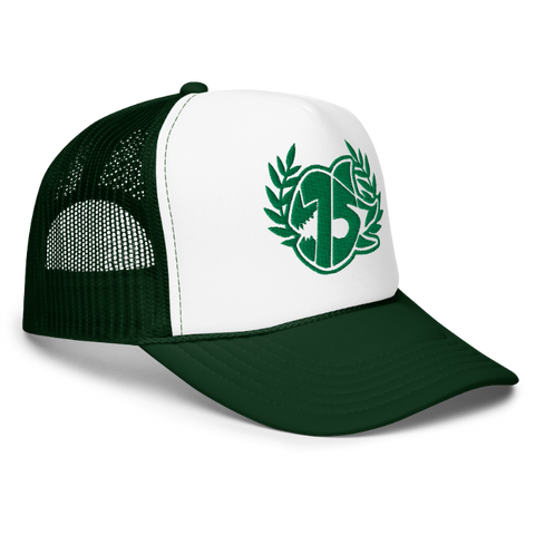 A dark green and white trucker hat featuring a green logo embroidered on the front panel