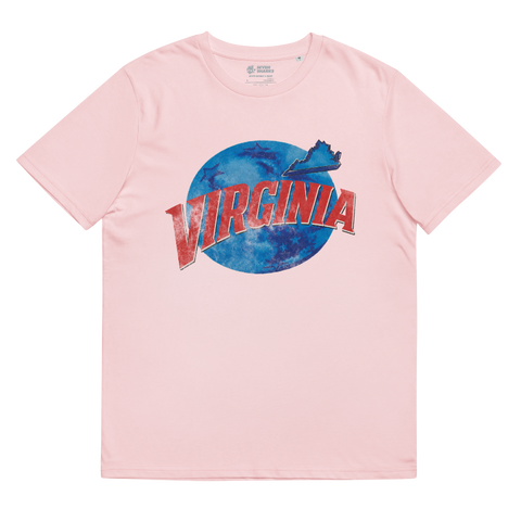 A light pink short-sleeve crewneck t-shirt featuring a graphic print of the word 'VIRGINIA' in red with a white outline, set against a blue GLOBE with the silhouette of Virginia highlighted in blue.