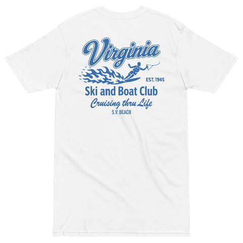 White short-sleeve crewneck t-shirt showing the back graphic print. The print features a blue watercolor-style design with the word 'Virginia' in a large script font, a water skier graphic, and text reading 'Ski and Boat Club', 'Cruising thru Life'