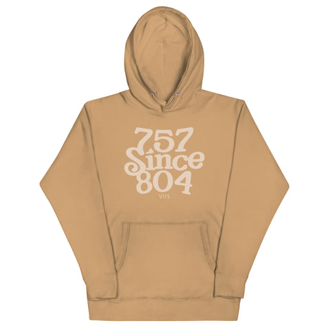 Tan hoodie with '757 Since 804' text 