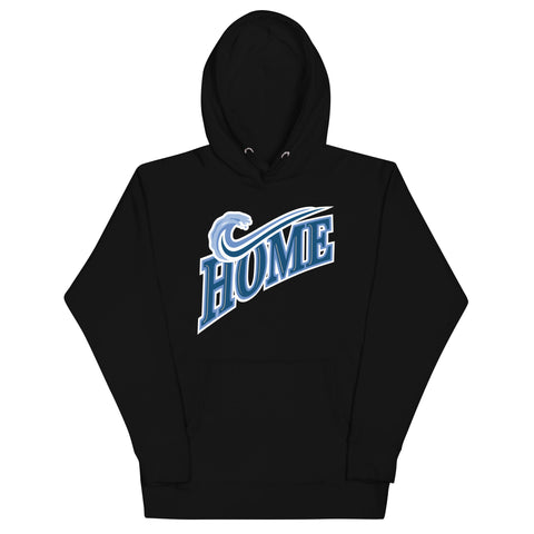 Black hoodie with 'HOME' text in blue