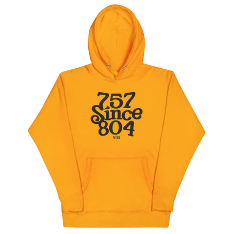GOLD hoodie with black 757 SINCE 804 text on a white background
