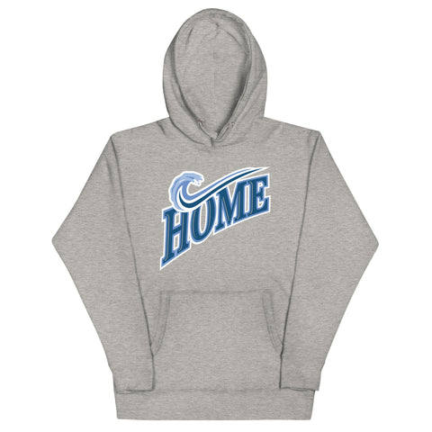 Gray hoodie with 'HOME' text in blue 