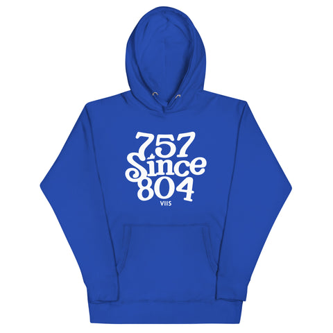 Blue hoodie with white "757 SINCE 804"
