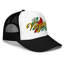 A white and black trucker-style cap with a curved brim, featuring an embroidered front graphic of a red cardinal, white dogwood flowers, green leaves, and the word 'Virginia' in yellow script
