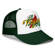 A white and green trucker-style cap with a curved brim, featuring an embroidered front graphic of a red cardinal, white dogwood flowers, green leaves, and the word 'Virginia' in yellow script