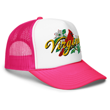 A white and HOT PINK trucker-style cap with a curved brim, featuring an embroidered front graphic of a red cardinal, white dogwood flowers, green leaves, and the word 'Virginia' in yellow script
