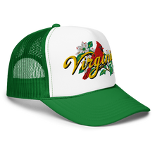 A white and KELLY GREEN trucker-style cap with a curved brim, featuring an embroidered front graphic of a red cardinal, white dogwood flowers, green leaves, and the word 'Virginia' in yellow script