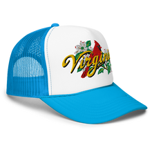 A white and light blue trucker-style cap with a curved brim, featuring an embroidered front graphic of a red cardinal, white dogwood flowers, green leaves, and the word 'Virginia' in yellow script