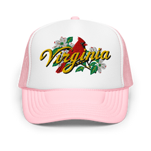 A white and LIGHT PINK trucker hat featuring a graphic on the front panel with a red cardinal, white dogwood flowers, green leaves, and the word 'Virginia' in yellow script.