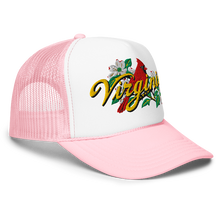A white and light pink trucker-style cap with a curved brim, featuring an embroidered front graphic of a red cardinal, white dogwood flowers, green leaves, and the word 'Virginia' in yellow script