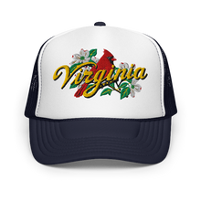 A white and navy blue trucker hat featuring a graphic on the front panel with a red cardinal, white dogwood flowers, green leaves, and the word 'Virginia' in yellow script.