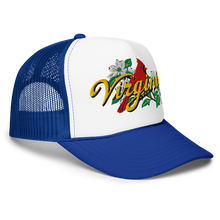 WHITE AND ROYAL BLUE VA NATURE FOAM TRUCKER HAT SIDE A white and ROYAL trucker-style cap with a curved brim, featuring an embroidered front graphic of a red cardinal, white dogwood flowers, green leaves, and the word 'Virginia' in yellow script