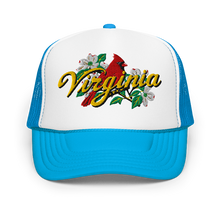 A white and sky blue trucker hat featuring a graphic on the front panel with a red cardinal, white dogwood flowers, green leaves, and the word 'Virginia' in yellow script.