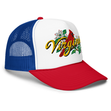 A white, blue and red trucker-style cap with a curved brim, featuring an embroidered front graphic of a red cardinal, white dogwood flowers, green leaves, and the word 'Virginia' in yellow script