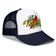 A white and navy trucker-style cap with a curved brim, featuring an embroidered front graphic of a red cardinal, white dogwood flowers, green leaves, and the word 'Virginia' in yellow script