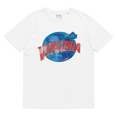 A white short-sleeve crewneck t-shirt featuring a graphic print of the word 'VIRGINIA' in red with a white outline, set against a blue galaxy-patterned globe with the silhouette of Virginia's map outline.