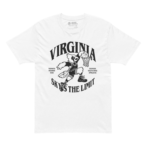 A WHITE t-shirt with "Virginia" arched across the top, a Cardinal basketball player and "Skys the Limit" arched underneath in black.