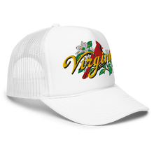 A white trucker-style cap with a curved brim, featuring an embroidered front graphic of a red cardinal, white dogwood flowers, green leaves, and the word 'Virginia' in yellow script