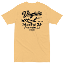A light yellow short-sleeve t-shirt with a black graphic on the left chest reading 'Virginia Ski and Boat Club'