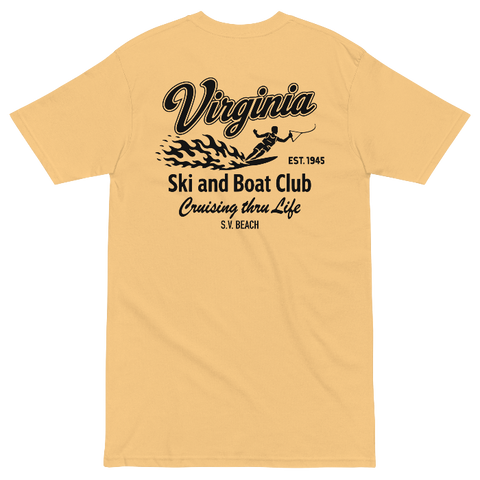 A light yellow short-sleeve t-shirt with a black graphic on the left chest reading 'Virginia Ski and Boat Club'