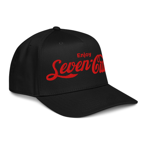 A black baseball cap with a red embroidered logo that reads 'Enjoy Seven Cities' on the front, shown against a plain white background.