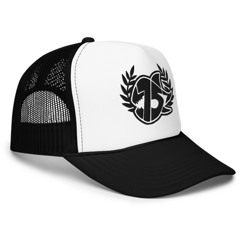 A black and white trucker hat with a white embroidered logo on the front.